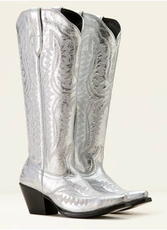 Buy Cowboy Boots For Women Western Embroidered Cowgirl Boots Chunky Heel Wide Tube Boots Pull on Pointy Toe Vintage Boots Silver in Saudi Arabia