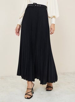 Buy Solid Pleated Maxi Skirt with Riveted Belt in Saudi Arabia