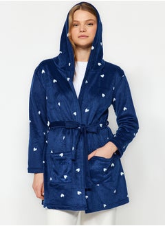 Buy Navy Blue Belted Heart Pattern Pocket and Hood Detail Fleece Knitted Dressing Gown THMAW24SB00023 in Egypt