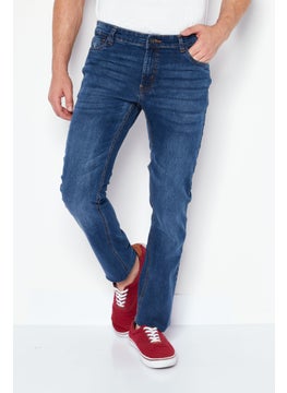 Buy Men Straight Fit Washed Stretchable Jeans, Navy in Saudi Arabia