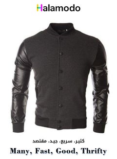 Buy Casual Faux Leather Bomber Jacket Stand Collar Stitching Sleeve Coat Cotton Jackets for Men Black M in Saudi Arabia