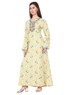 Buy UNIQUE FOLRAL PRINTED DESIGN WITH THREAD EMBROIDERY YELLOW COLOUR ARABIC KAFTAN JALABIYA DRESS in Saudi Arabia