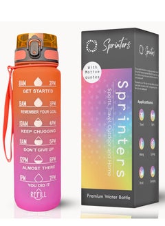 Buy SPRINTERS - 1 Liters Water Bottle 32Oz BPA Free, Multicolor - Leak Proof With Motivational Quote And Time Marker, Anti Slip For Sport ,Fitness, Gym , Picnic (1 Liter, Orange/ Pink Gradient) in UAE