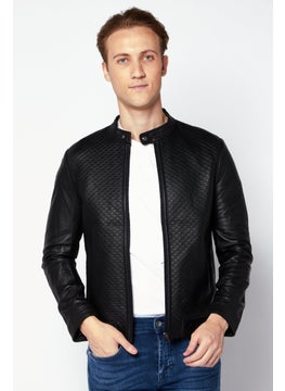 اشتري Men Textured Motorcycle  Jacket, Black في الامارات