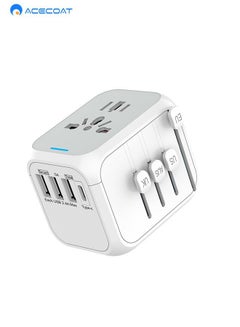 Buy All-in-One Global Travel Plug Adapter with 3 USB 1 Type C - Multifunctional International Travel Wall Power Socket Converter - 2000W Fast Charging Station with 8A Fuse for EU AU UK US Thailand, White in Saudi Arabia