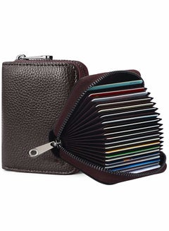Buy Card Cases, RFID 20 Card Slots Credit Card Holder Genuine Leather Small Card Case for Women or Men Accordion Wallet with Zipper (Brown) in UAE