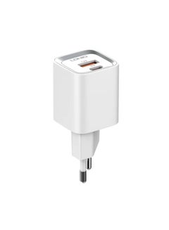 اشتري A2318C High Quality EU Plug  Fast Charger Dual Port (Type-C & USB) 20W PD+QC With Lightning USB Charging Cable - White في مصر