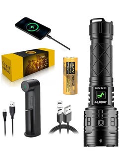 اشتري LED Rechargeable Super Bright Tactical Flashlight, 90000 High Lumen,XHP160 Zoom Waterproof 5 Modes Best for Hiking Hunting Camping في السعودية