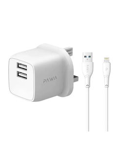 Buy PAWA PocketMini Dual USB Travel Charger UK Standard USB-A to Lightning Cable / Fast Charging / ABS Material / Mini Size / Low Temperature Protection / Short Circuit Protection / - White in UAE