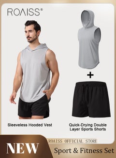 Buy 2-Piece Men Sportswear Set Quick Dry Hooded Sleeveless Vest for Loose and Breathable Casual Fitness Running Tank Top and Double Layer Compression Workout Shorts for Basketball and Training in UAE