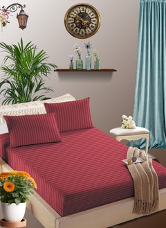 Buy Maroon Single Size Stripe Bed Sheet Set Cotton 100x200+15cm in UAE