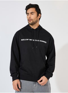 اشتري Slogan Text Print Relaxed Fit Hoodie في السعودية