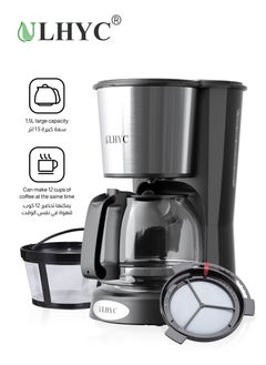 Buy Coffee Maker 1.5L 900W 12-Cup Drip Coffee Maker - Borosilicate Carafe, Auto-Off, Reusable Filter, Anti-Drip, Keep-Warm Function, Clear Water Level Window Coffee Machine, Ideal For Home or Office For Drip Coffee & Espresso Black/Silver in Saudi Arabia