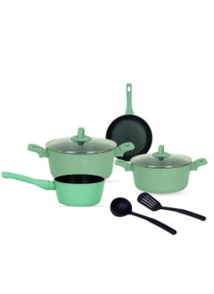 Buy 8-Piece Granite Coated Cookware Set, Nonstick Coating For Cooking, Casserole With Lid, Frying Pan, Saucepan Kitchen Tools, Green in UAE