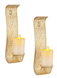 اشتري Gold Candle Sconces Wall Decor Set of 2 Wall Candle Holder Decorative Candle Sconces Vintage Metal Pillar Candle Holders for Farmhouse Hallway Decorative Bedroom, Bathroom Wall Art Decoration في الامارات