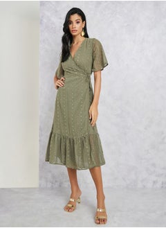 اشتري Swiss Dot Ruffle Hem Wrap Midi Dress في السعودية