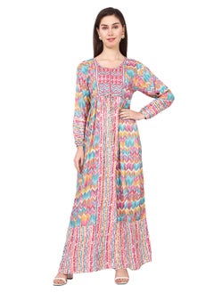 اشتري MULTICOLOUR PRINTED LONG VISCOSE THREAD EMBROIDERY ARABIC KAFTAN JALABIYA DRESS في السعودية