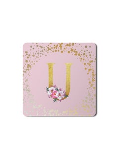 Buy Designer Leather Coasters Mat for Beverage Drinks- Custom Monogram Initial Letter Floral Pattern Alphabet - U (Pink) in UAE