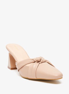 Buy Knot Detail Square Toe Slip On Shoes with Block Heels Beige in UAE