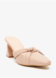 Buy Knot Detail Square Toe Slip On Shoes with Block Heels Beige in UAE