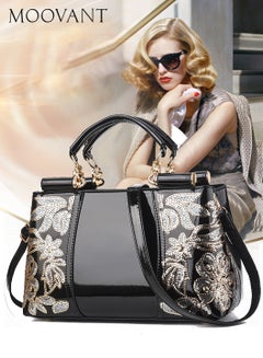Buy Fashionable Patent Leather Embroidered Shoulder Bag Crossbody Bag Handbag for Women Black in Saudi Arabia