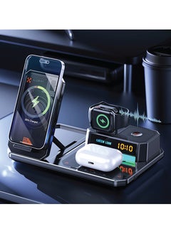 Buy 6 in 1 Multifunctional Wireless Charger /5.3 Bluetooth /20W Speaker Power/ Phone Charging / Airpods Charging / iWatch Charging / Music / One Touch Auto Lift / Digital Clock / RGB Light - Black in UAE