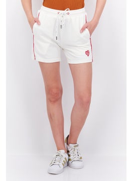 اشتري Women Heart Patch Side Pocket Drawstring Basic Shorts, Off White/Red في الامارات