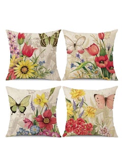 Buy Throw Pillow Covers, 4Pcs Square Decorative Spring Soft Linen Print Flower Butterfly Pillowcases for Sofa Couch Living Room Outdoor (18 x 18inch) in Saudi Arabia