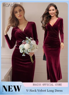 Buy Women's V Neck Velvet Dress Elegant Elastic Skirt Dress Fashion Long Sleeve Fishtail Dress in UAE