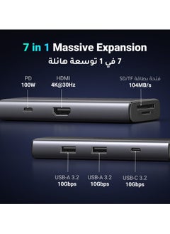 Buy 7 in 1 Type C USB Hub is the ideal solution to increase connectivity ports with 2 USB A and 1 Type C ports with a data transfer speed of 10Gbps in Saudi Arabia