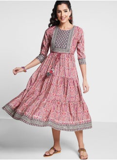 Buy Embroidered Tiered Printed Dress in UAE