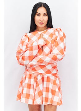 اشتري Women Gingham Print Mini Dress, Orange/White في الامارات