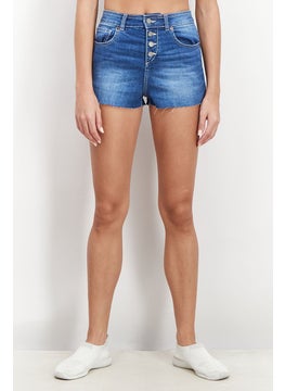 اشتري Women Button Fly Denim Shorts, Medium Wash Blue في السعودية