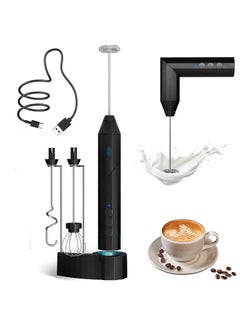 Buy Milk Frother Rechargeable with Stand, Handheld Electric Hand Whisk with 3 Speeds, 3 Stainless Steel Heads, 2 Grip Methods and USB Charging Stand, Perfect for Coffee, Matcha, Protein Shake (Black) in Saudi Arabia