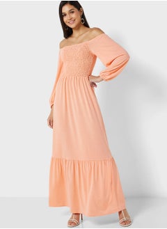 Buy Jac Jossa Peach Shirred Bardot Maxi Dress in UAE