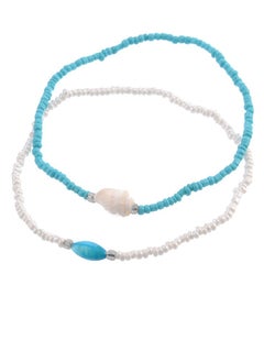 Buy Handmade anklet natural conch rice beads blue and white double layer anklet in UAE