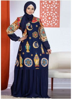 Buy Cotton Viscose Praying Dress With Separate Veil And Belt Decorated With Drawing ,Blue in Saudi Arabia