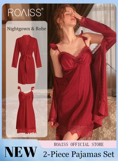 Buy 2 Piece Nightgown Set Women Sweet Halter Nightdress Lace Lingerie Sleepwear Home Dress Set Romantic Elegant Pajamas Ladies Spring Autumn Robe Loungewear in Saudi Arabia