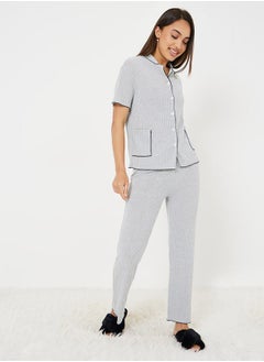 Buy Contrast Piped Ribbed Shirt & Pyjama Set in Saudi Arabia