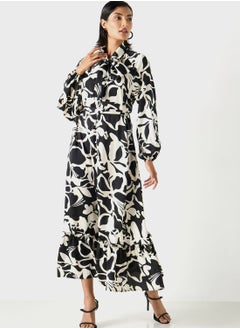 Buy Floral Print Maxi A-Line Neck Tie-Ups Belted Dress in UAE