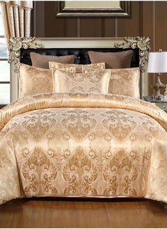 Buy Satin Jacquard King size 6 piece duvet cover set, golden bohemia style bedding set. in UAE