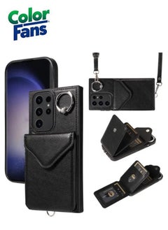 Buy Samsung Galaxy S24 Ultra Kickstand Cover Card Holder Leather Cell Phone Case - Black in UAE