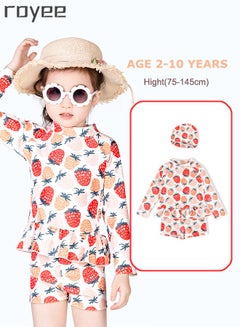 Buy 3-Piece Girls Split Long Sleeved Swimsuit With Swim Cap Cartoon Strawberry Print Fit for Toddler/Junior/Youth Aged 2-12 Years boys， 0 formaldehyde, 0 bleach, and 0 fluorescent agent in UAE