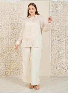 Buy Textured Longline Button Front Shirt with Solid Cami & Wide Leg Pants Co-Ord in Saudi Arabia