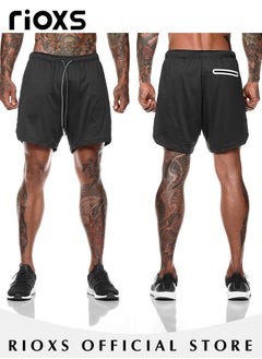 Buy Men's 2-In-1 Athletic Running Shorts Lightweight Sportwear Quick-Drying Short Fitness Stretch Sports Shorts With Pockets For Phone in UAE