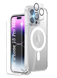 Buy iPhone 15 Pro Max Case Cover 3 in 1 Magnetic Case Compatible with Magsafe Non Yellowing 1 Pcs Glass Screen Protector+Camera Lens Protector Shockproof Protective Slim Cover 6.7 Inch Clear in UAE