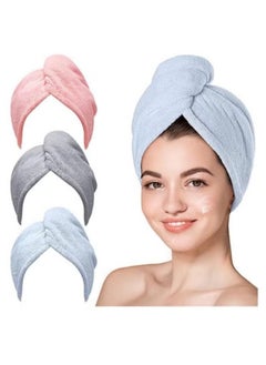 Buy Microfiber Hair Towels Wrap for Women Wet Hair,3 Pack Ultra Soft and Quick Drying Hair Turbans with Button Closure, Super Absorbent Head Towel Suitable for All Hair Types in Egypt