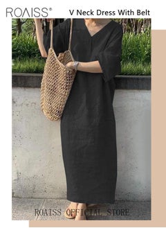 Buy Ladies Stylish V Neckline Dress for Daily Commute Long Sleeve Cotton Linen Dress with Simple Design and Soothing Solid Color Featuring High Waist in UAE