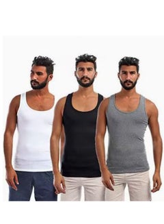 Buy 3-Piece Cotton Sleeveless Undershirt Set White/Grey/Black in UAE