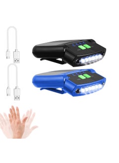 اشتري LED Clip on Cap Light, 2PCS USB Rechargeable Cap Flashlight Clip Waterproof Ultra Bright Hands-Free Hat Light Flashlight Headlamp for Fishing Camping Hand Work (Black, Blue) في الامارات